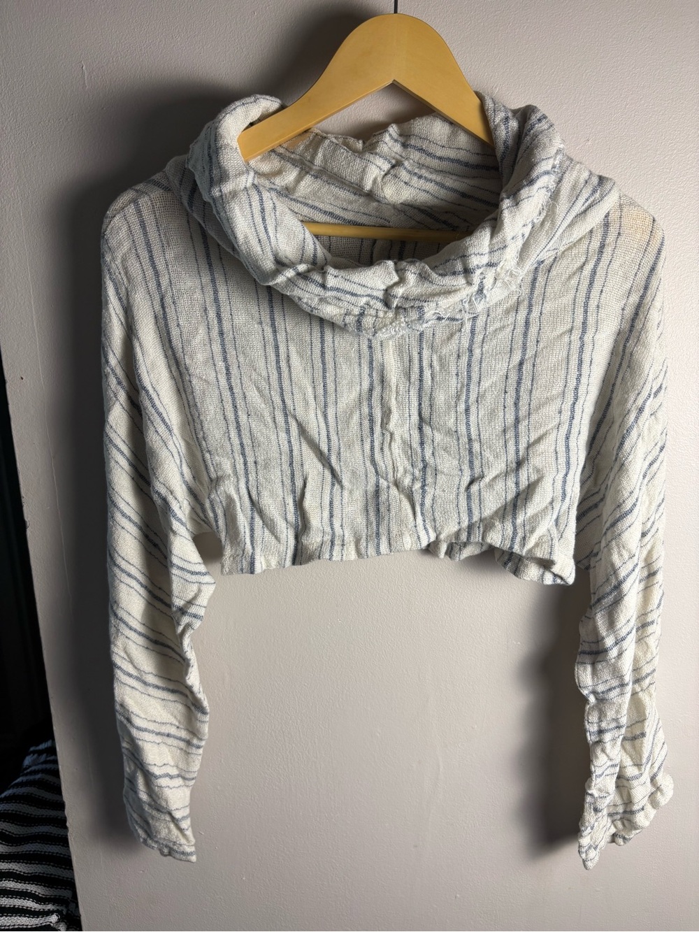 Free People Cropped Striped Cowl Neck Thin Sweater in Cream and Blue
